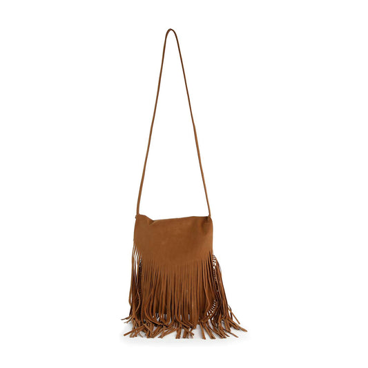 Brown suede handbag with fringe details on a white background