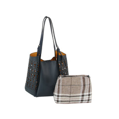2 in 1 Side puched hole detail tote and checkered cotton pouch set