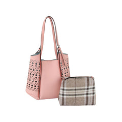 2 in 1 Side puched hole detail tote and checkered cotton pouch set