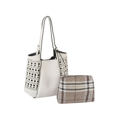 2 in 1 Side puched hole detail tote and checkered cotton pouch set