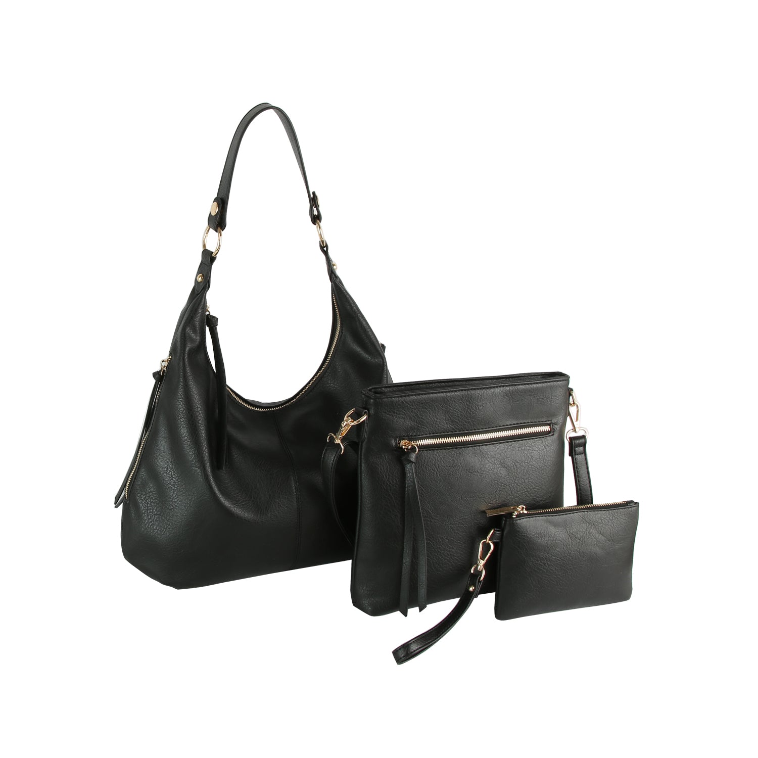 The LM 3 Piece Hobo Crossbody Wristlet set includes a large hobo bag, medium zippered crossbody, and small wristlet pouch in black faux leather with gold-tone hardware and tassel pulls.