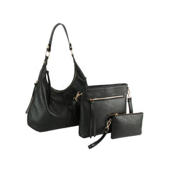 The LM 3 Piece Hobo Crossbody Wristlet set includes a large hobo bag, medium zippered crossbody, and small wristlet pouch in black faux leather with gold-tone hardware and tassel pulls.