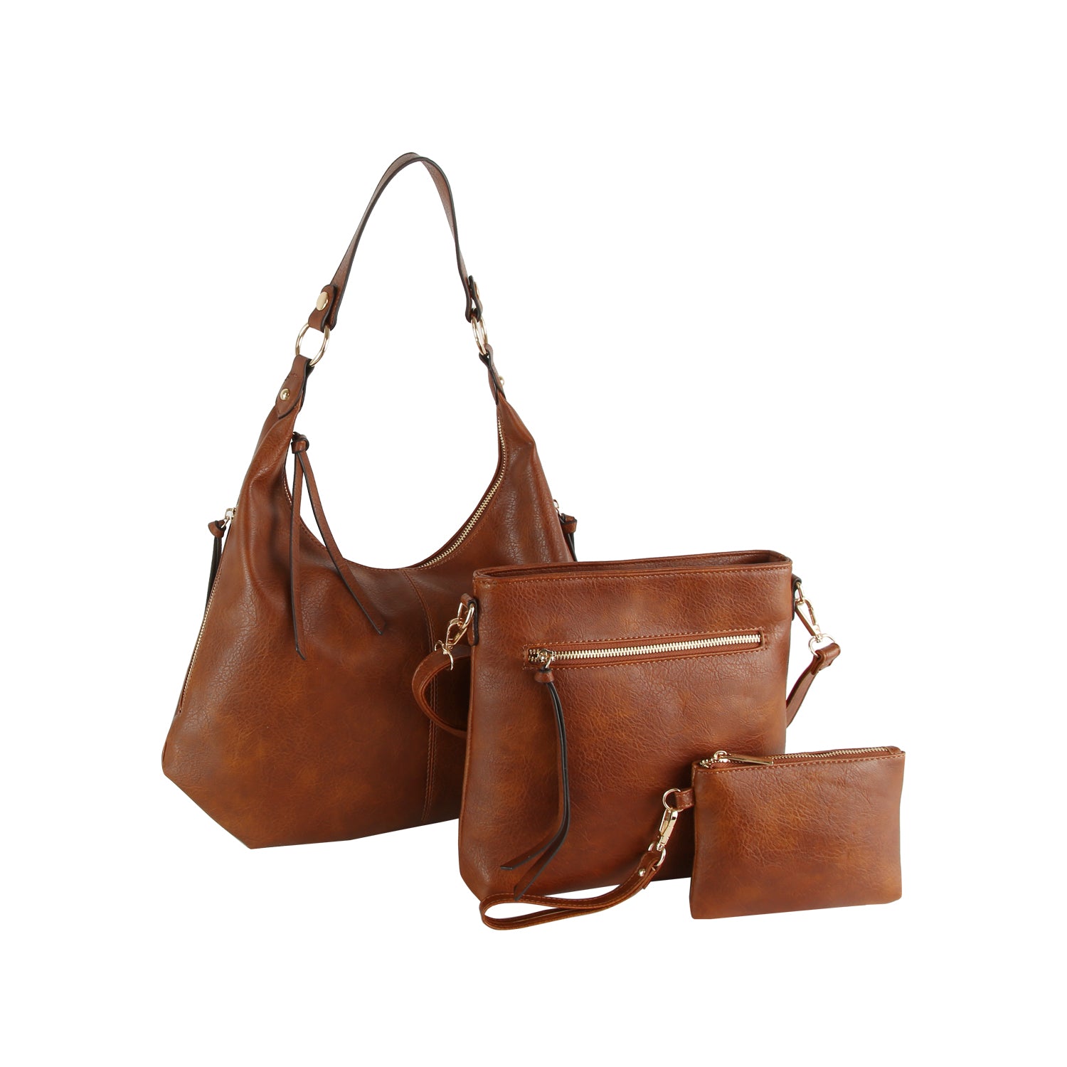 The LM 3 Piece Hobo Crossbody Wristlet set features three brown faux leather bags: a large hobo, a medium crossbody with front zipper, and a small zippered pouch displayed together.