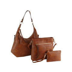 The LM 3 Piece Hobo Crossbody Wristlet set features three brown faux leather bags: a large hobo, a medium crossbody with front zipper, and a small zippered pouch displayed together.