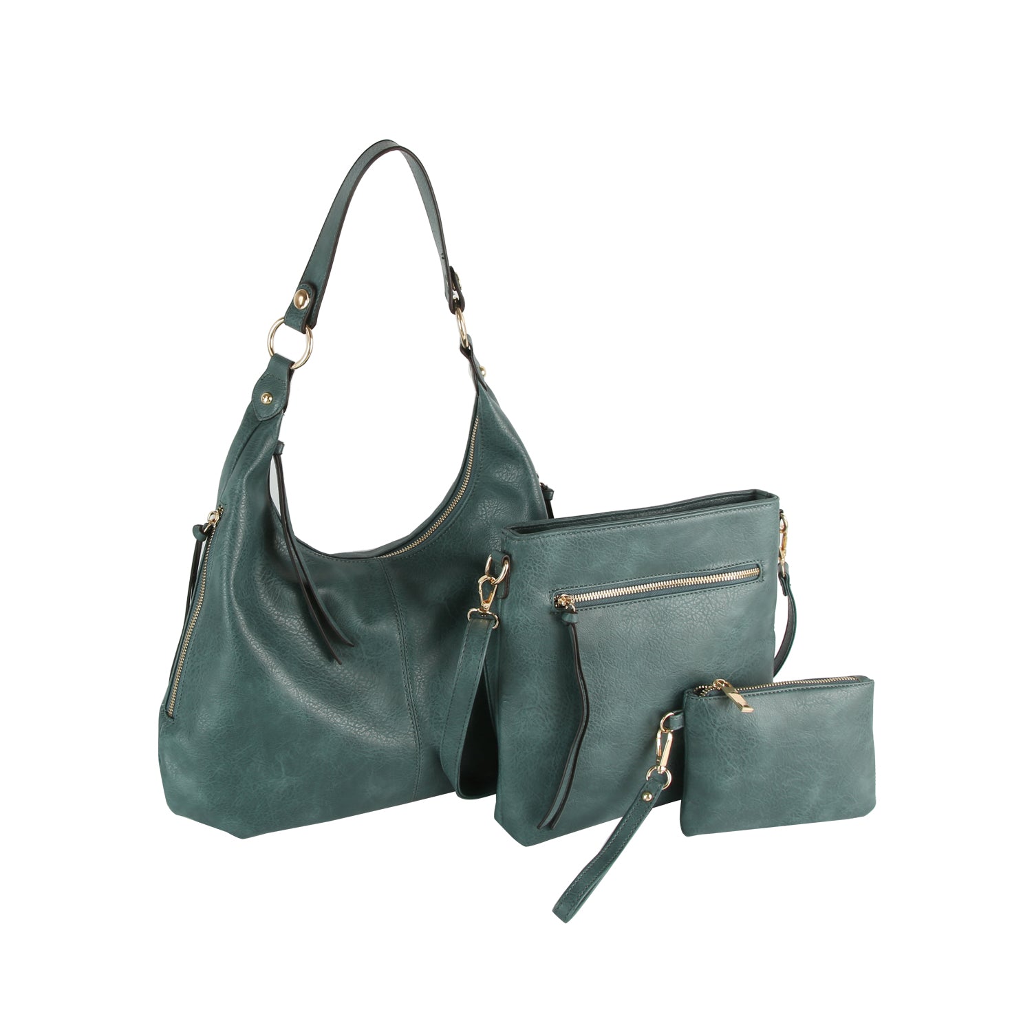The LM 3 Piece Hobo Crossbody Wristlet set in teal showcases three faux leather purses—a spacious hobo, medium crossbody, and small wristlet—with gold hardware, all stylishly arranged on a white background.