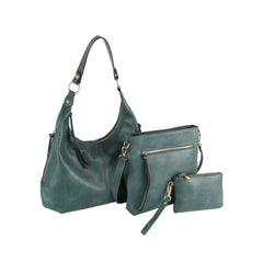 The LM 3 Piece Hobo Crossbody Wristlet set in teal showcases three faux leather purses—a spacious hobo, medium crossbody, and small wristlet—with gold hardware, all stylishly arranged on a white background.
