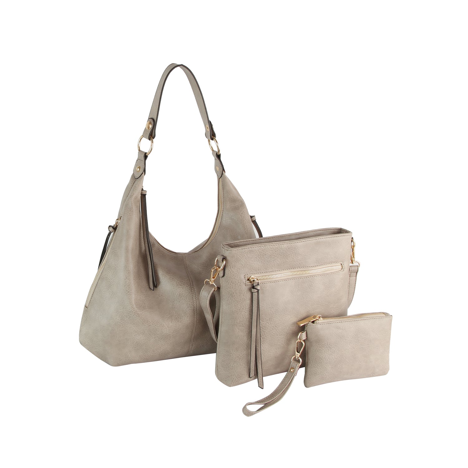 The LM 3 Piece Hobo Crossbody Wristlet set features matching taupe faux leather bags with gold hardware—a large hobo, medium crossbody with zip pocket, and small wristlet—elegantly displayed on a white background.