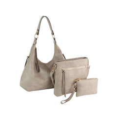 The LM 3 Piece Hobo Crossbody Wristlet set features matching taupe faux leather bags with gold hardware—a large hobo, medium crossbody with zip pocket, and small wristlet—elegantly displayed on a white background.