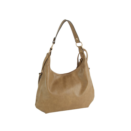 The LM 3 Piece Hobo Crossbody Wristlet features tan leather, a single strap, gold-tone hardware, and a spacious slouchy design. Displayed against a white background.