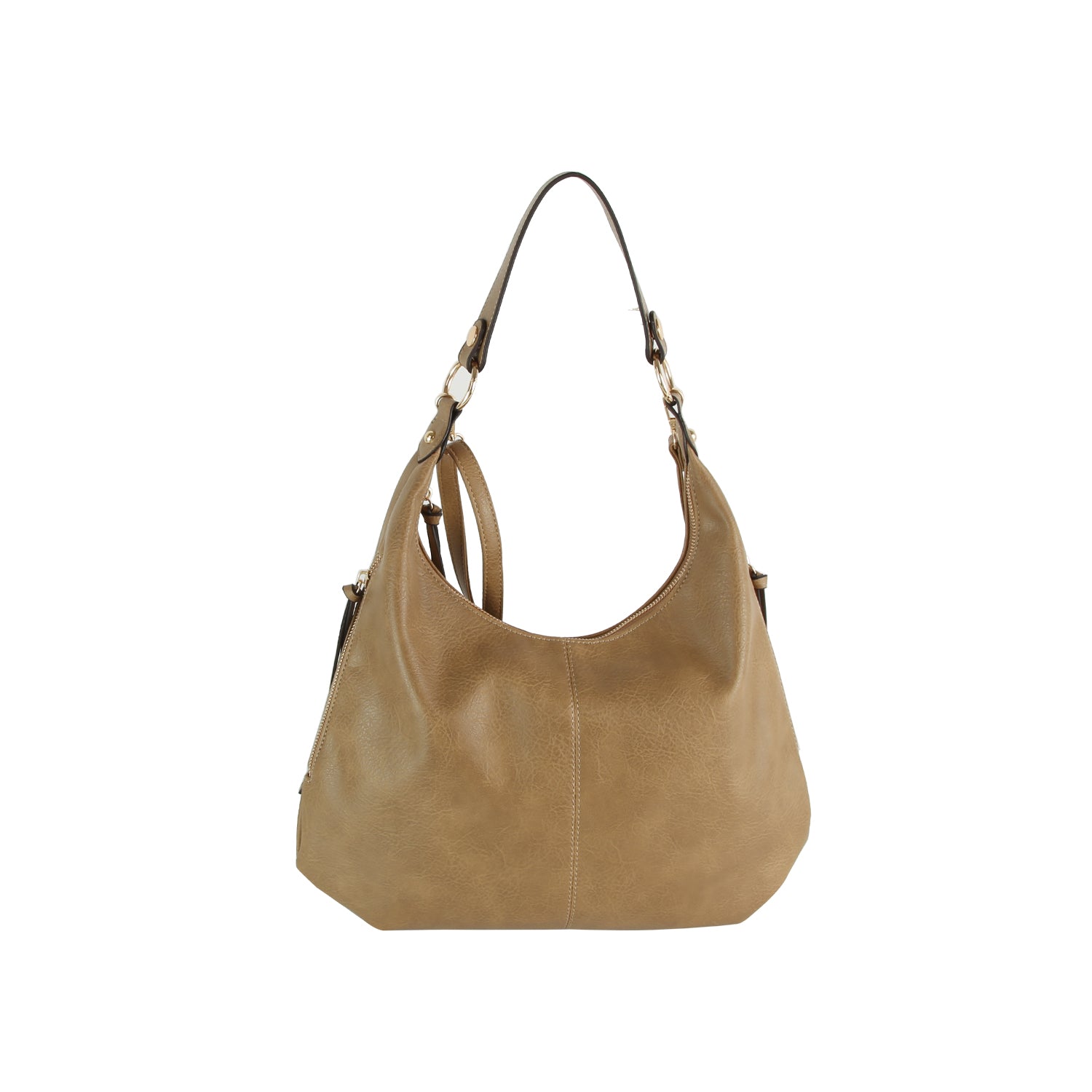 The LM 3 Piece Hobo Crossbody Wristlet features a tan leather hobo bag with a single shoulder strap, simple design, and subtle stitching, shown on a white background.