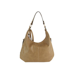 The LM 3 Piece Hobo Crossbody Wristlet features a tan leather hobo bag with a single shoulder strap, simple design, and subtle stitching, shown on a white background.