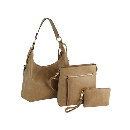 The LM 3 Piece Hobo Crossbody Wristlet set features three tan faux leather bags—a hobo with strap, a medium zippered crossbody, and a small wristlet pouch—displayed on a white background.