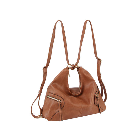 The LM Urban Chic Convertible Hobo Bag is a minimalistic brown vegan leather shoulder bag with adjustable straps, a spacious main compartment, and two zippered front pockets, shown against a white background.