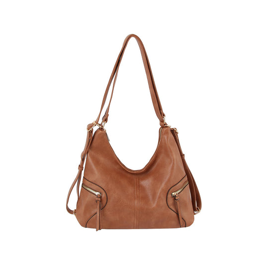 The LM Urban Chic Convertible Hobo Bag features brown leather, two front zippered pockets, gold-tone hardware, and an adjustable single strap, shown against a white background.