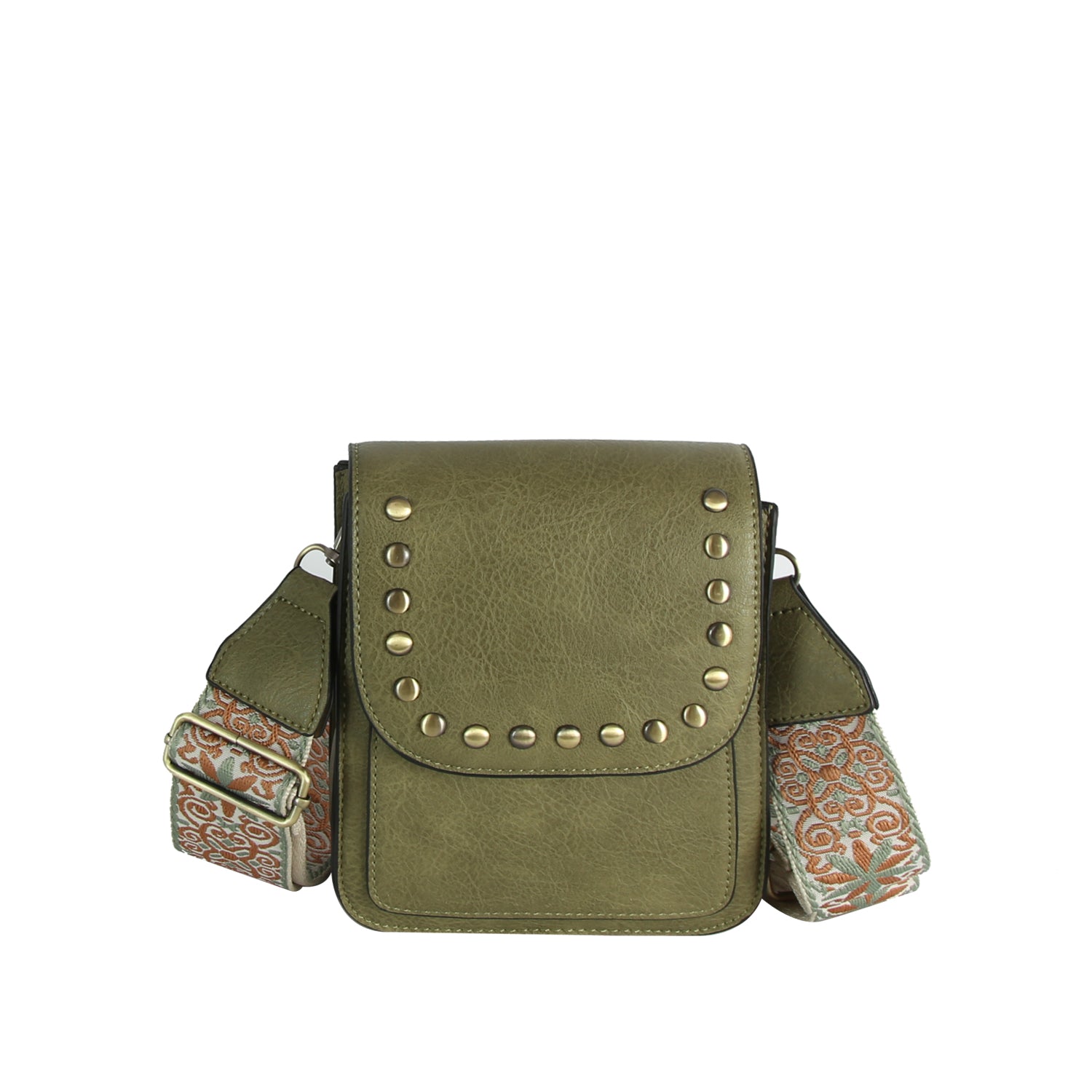 The LM Guitar Strap Flap Crossbody features an olive green, textured finish with a studded flap, gold studs, and a wide embroidered strap in orange and cream. A front pocket adds both style and function to this chic bag.