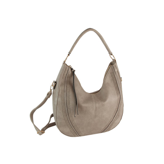 The LM Perforated Chic Hobo Set is a taupe leather handbag with a single top handle, detachable crossbody strap, decorative stitching, and zipper closure, pictured on a white background.