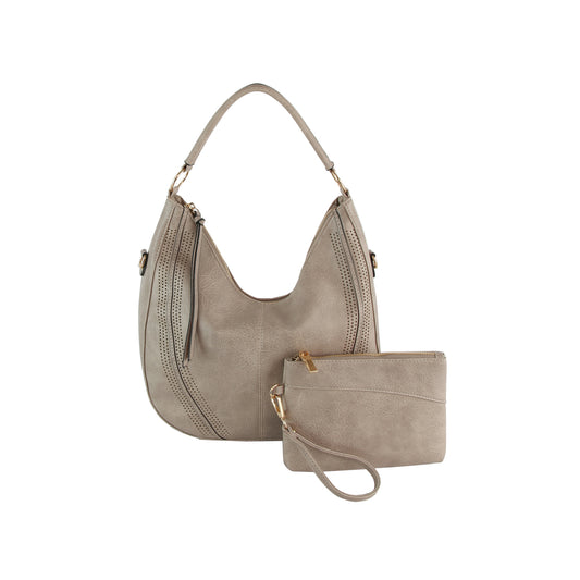 The LM Perforated Chic Hobo Set features a taupe leather hobo bag with gold hardware and decorative stitching, paired with a matching zippered wristlet pouch. Both come with crossbody straps for versatility, displayed on a white background.