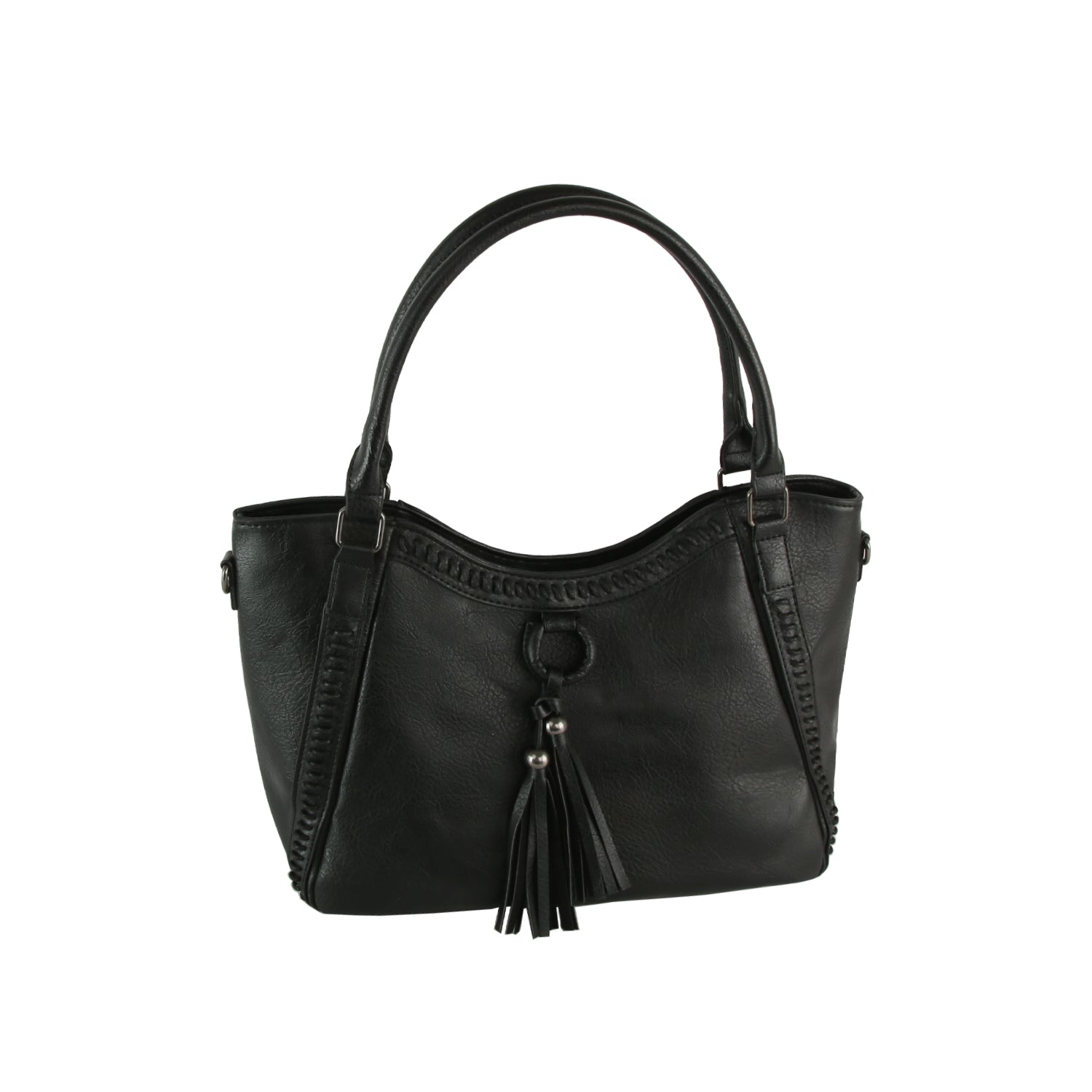 The LM Whipstitch Tassel Bead Accented Shoulder Tote is a black faux leather handbag with dual handles, whipstitch edges, and two tassels with metallic beads—offering a chic boho style thats perfect for any occasion.