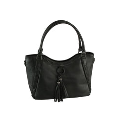 The LM Whipstitch Tassel Bead Accented Shoulder Tote is a black faux leather handbag with dual handles, whipstitch edges, and two tassels with metallic beads—offering a chic boho style thats perfect for any occasion.