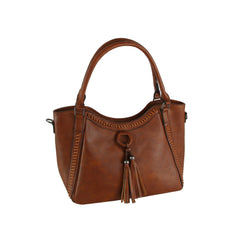 The LM Whipstitch Tassel Bead Accented Shoulder Tote features dual handles, boho brown style, decorative stitching, front tassel and bead accents on a metal ring, plus a detachable crossbody strap for versatile wear.