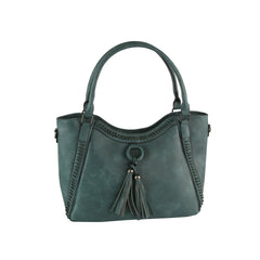 The LM Whipstitch Tassel Bead Accented Shoulder Tote features teal faux leather, double handles, decorative edge stitching, front tassels with beads, a structured shape, smooth finish, and a versatile crossbody strap.
