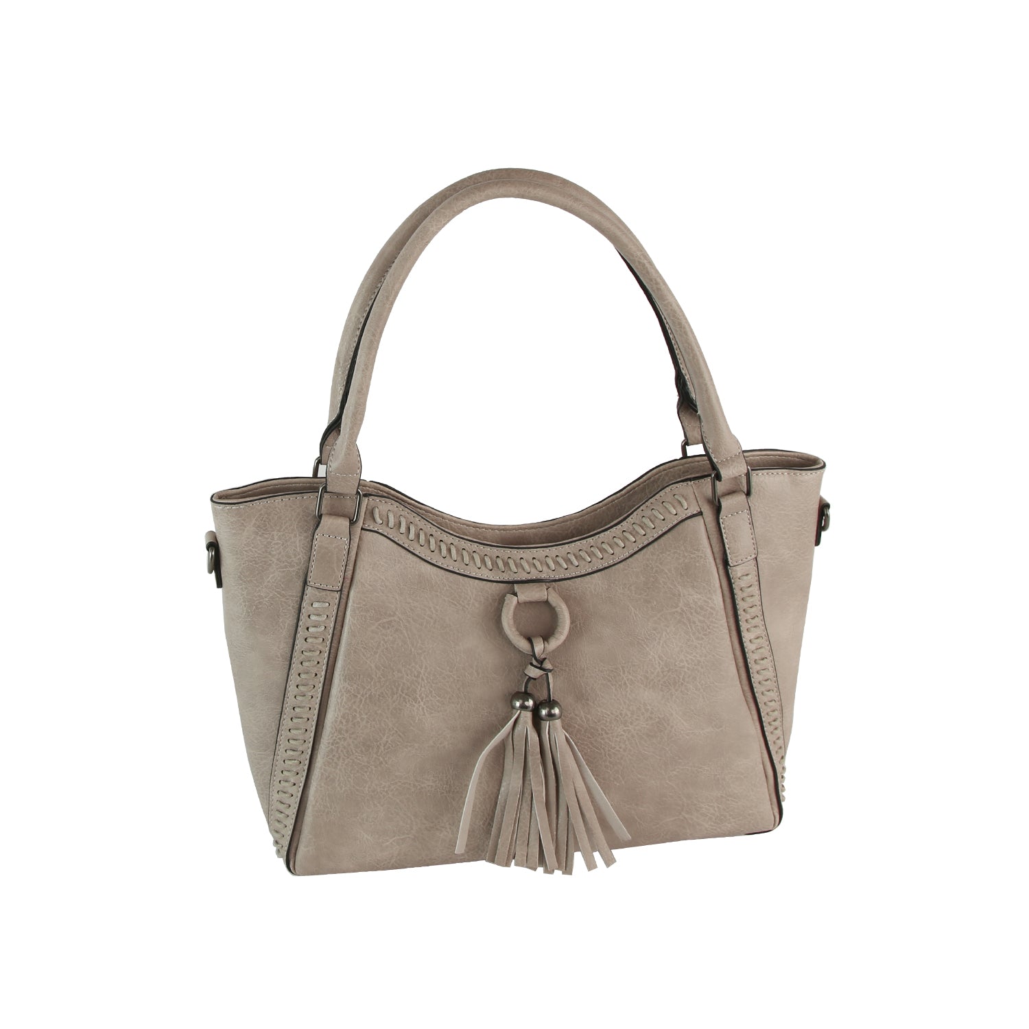 The LM Whipstitch Tassel Bead Accented Shoulder Tote is a taupe boho bag with dual handles, decorative whipstitching, and tassel bead accents on the front. Made of smooth faux leather, it features a structured shape and lightly textured finish.