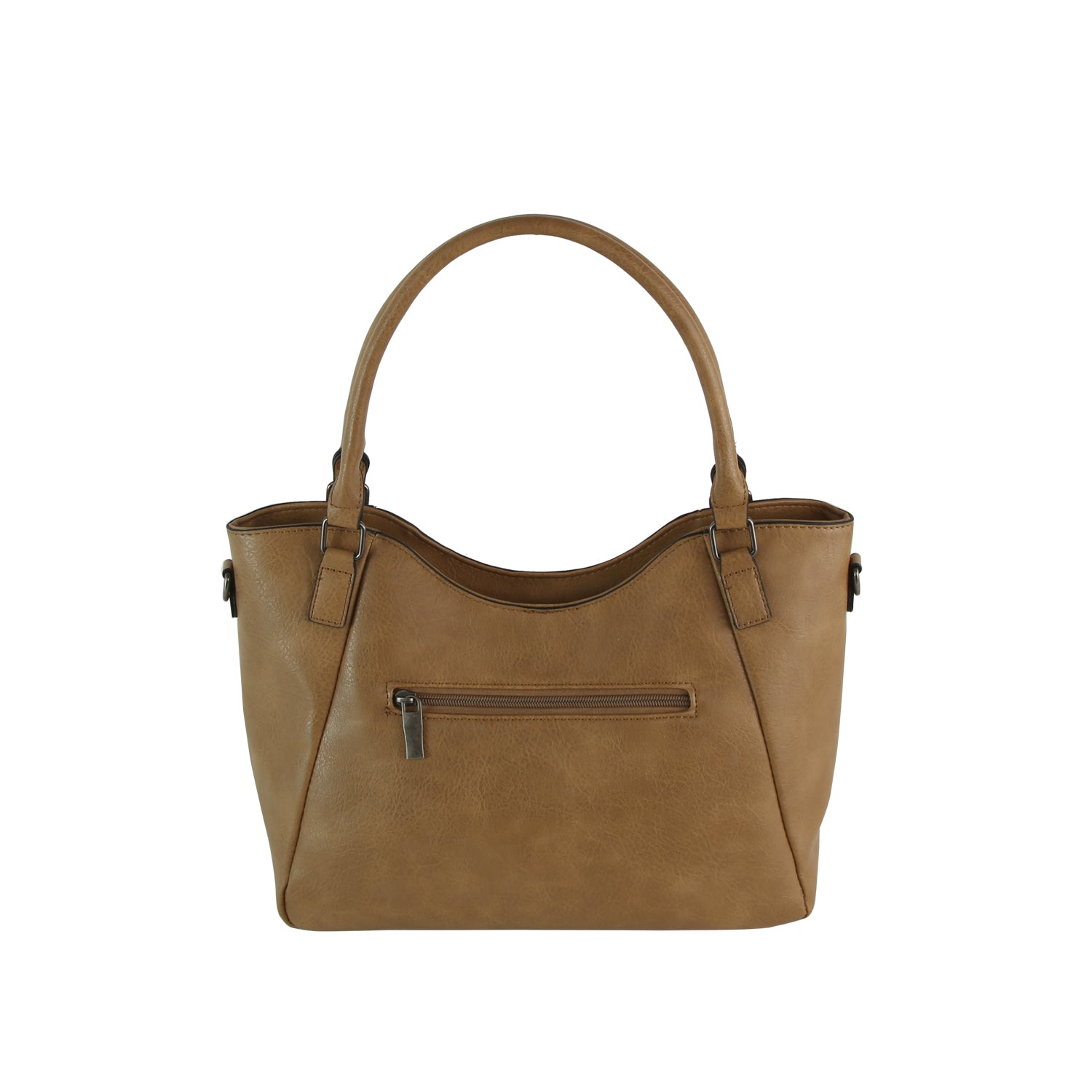 The LM Whipstitch Tassel Bead Accented Shoulder Tote is a brown faux leather bag with two handles, a curved top edge, and a front zipper pocket, displayed against a plain white background.