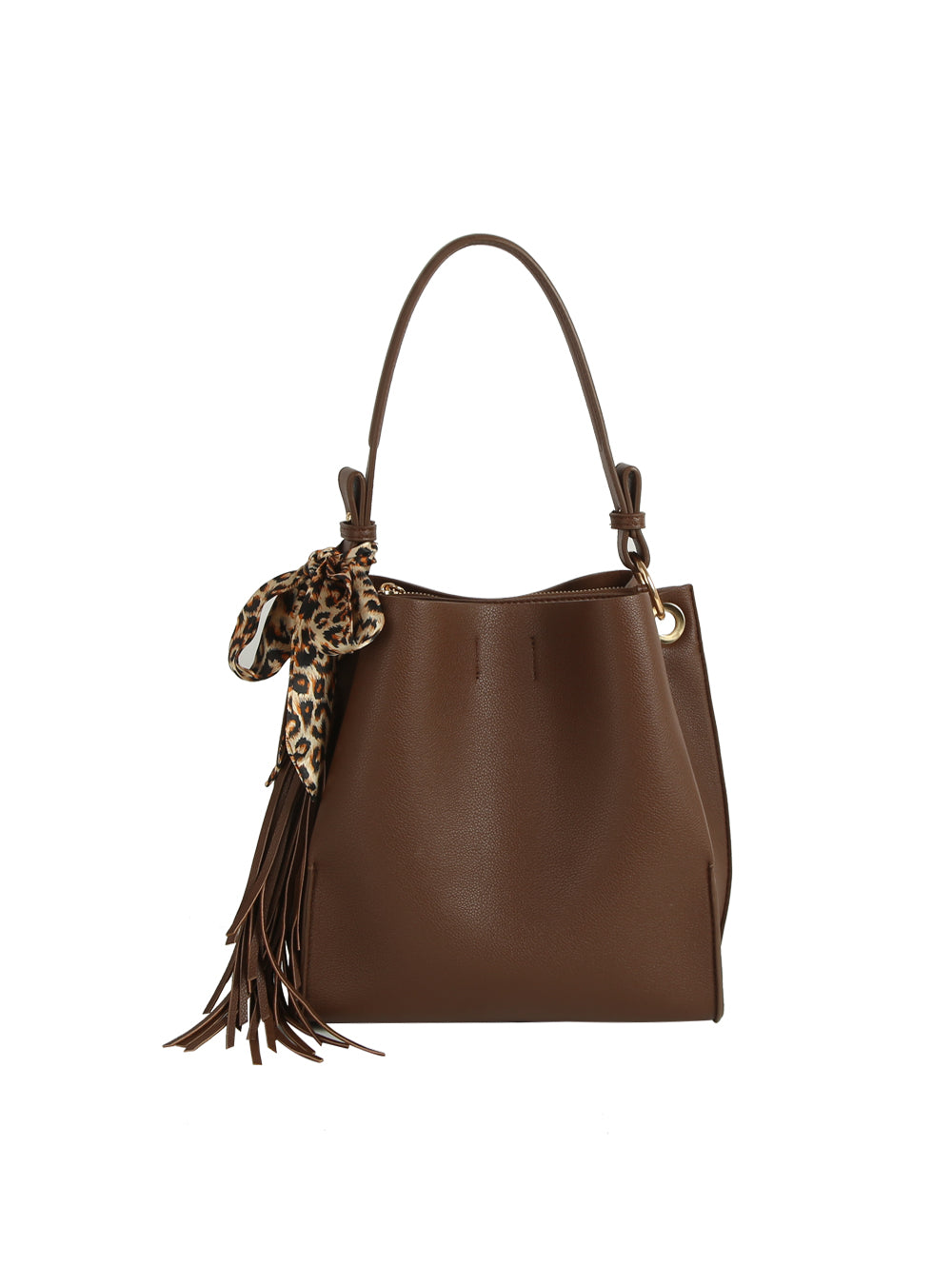 The HR Leopard Scarf Tassel Tote is a brown faux leather bag with a single handle, accented by a leopard print scarf and brown tassels, and offers a roomy interior for all your essentials.
