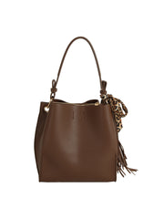 The HR Leopard Scarf Tassel Tote is a brown faux leather bag with a single handle, featuring fringe detail and a leopard print scarf accent. It offers a spacious interior and is shown against a white background.