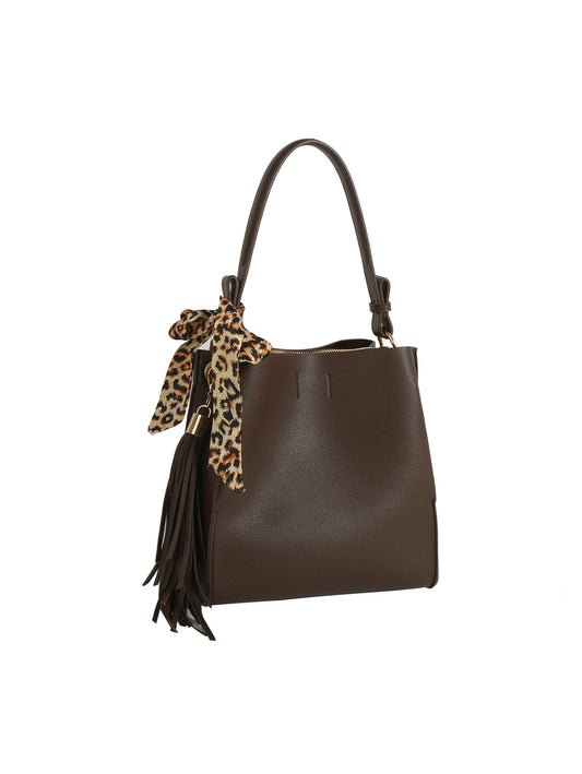 The HR Leopard Scarf Tassel Tote is a brown faux leather bag with a single strap, accented by a leopard print scarf and black tassel, shown on a plain white background. Its spacious interior fits all your essentials.