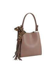 The HR Leopard Scarf Tassel Tote is a taupe faux leather bag with a single handle, featuring a leopard-print scarf bow, hanging tassels, and a spacious interior, shown against a white background.