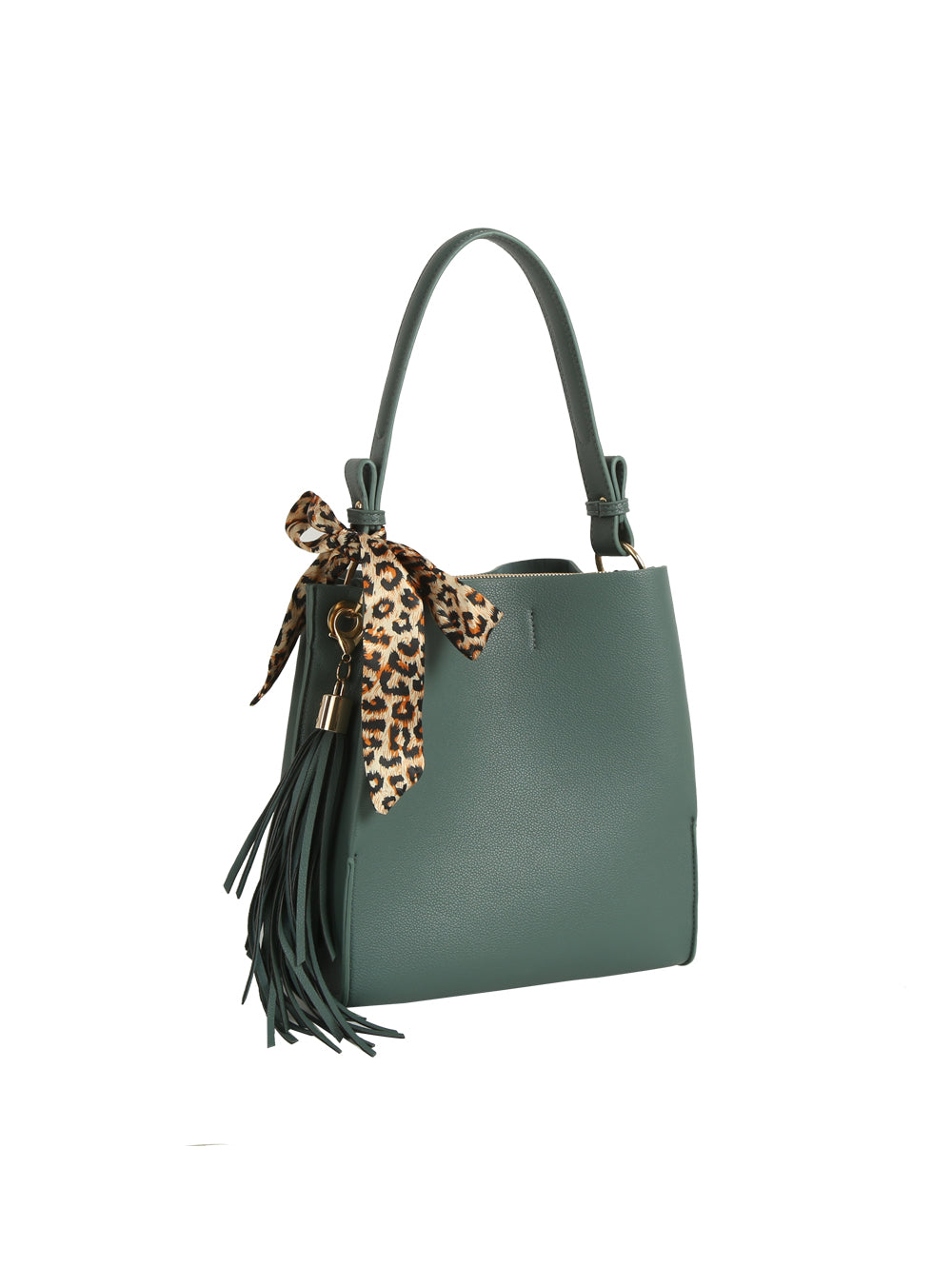 The HR Leopard Scarf Tassel Tote is a green faux leather bag with a single handle, featuring a leopard print scarf, gold keychain, and long green tassels on one side.