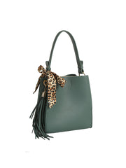 The HR Leopard Scarf Tassel Tote is a green faux leather bag with a single handle, featuring a leopard print scarf, gold keychain, and long green tassels on one side.