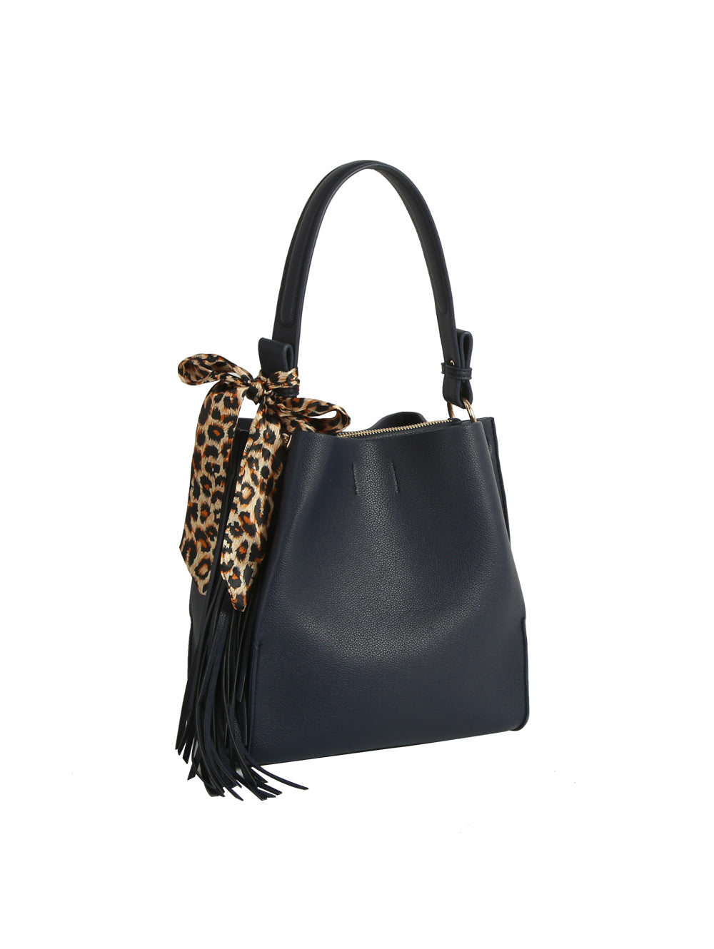 The HR Leopard Scarf Tassel Tote is a black faux leather bag with a single handle, detailed with a leopard print scarf and black fringe tassels, displayed against a white background.