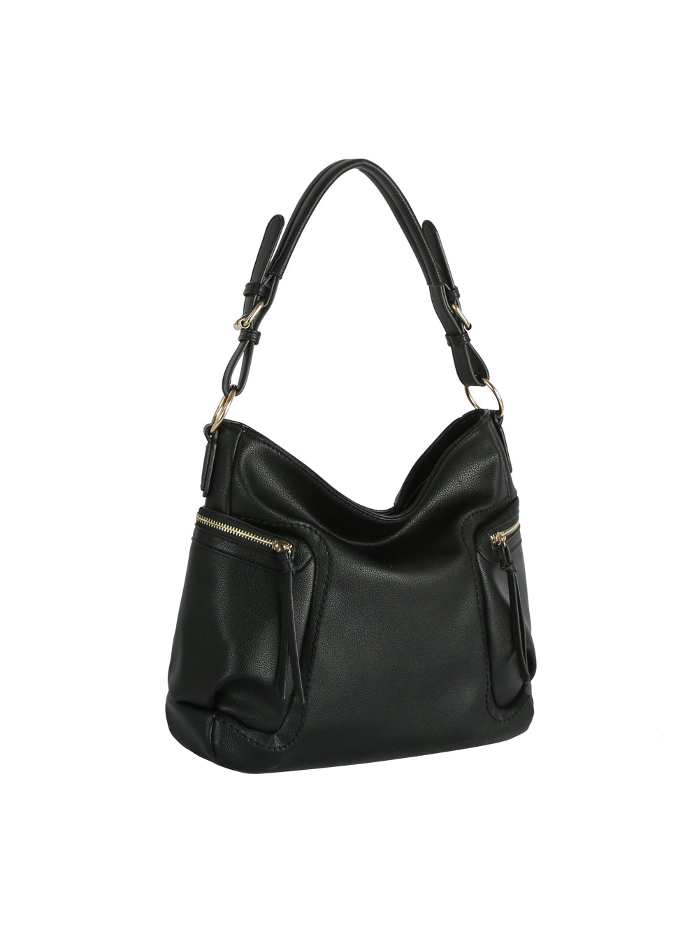 The HR Soft Slouch Zip Shoulder Bag is a black faux leather handbag with gold zippers, a relaxed slouch design, short sturdy handle, and adjustable strap, shown on a white background.