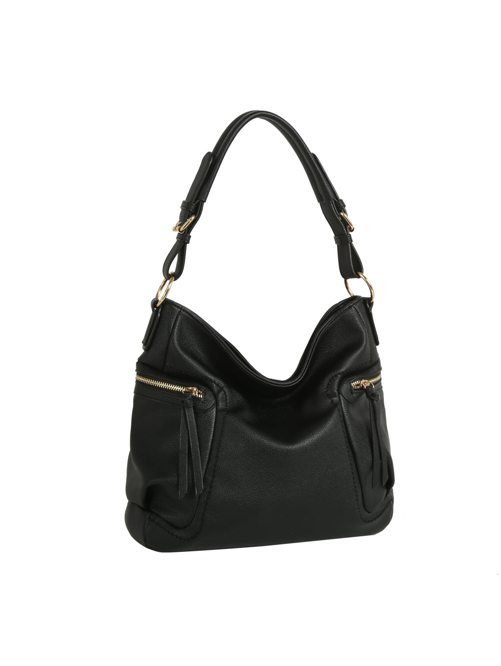 The Soft Slouch Zip Shoulder Bag by HR features black faux leather, a single curved adjustable strap, gold hardware, and two front zippered pockets, shown on a white background.