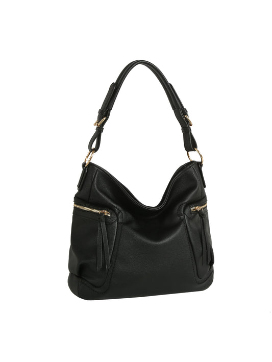 The Soft Slouch Zip Shoulder Bag by HR features black faux leather, a single curved adjustable strap, gold hardware, and two front zippered pockets, shown on a white background.