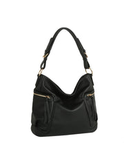 The Soft Slouch Zip Shoulder Bag by HR features black faux leather, a single curved adjustable strap, gold hardware, and two front zippered pockets, shown on a white background.