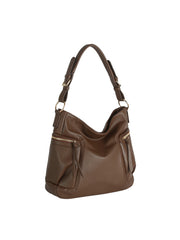 The HR Soft Slouch Zip Shoulder Bag in brown faux leather features a slouch design, two front zippered pockets, an adjustable shoulder strap, and gold-tone hardware, displayed against a plain white background.