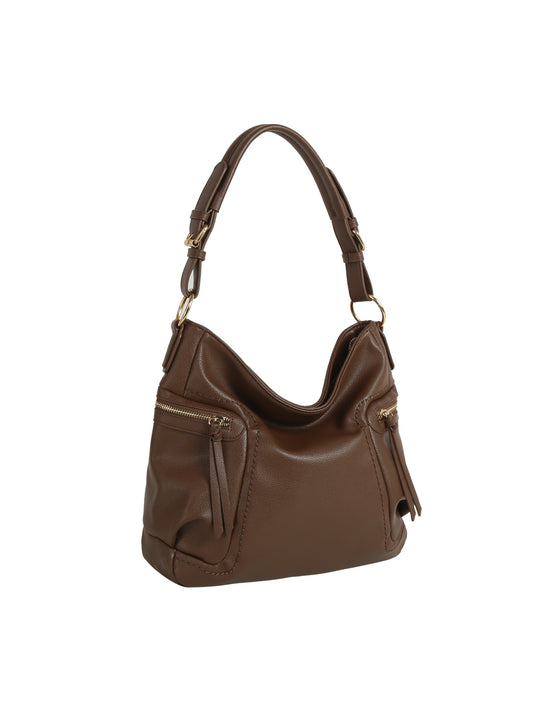 The HR Soft Slouch Zip Shoulder Bag, in brown faux leather with gold hardware, a single adjustable shoulder strap, and two front zippered pockets, is shown on a white background.