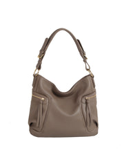 Brown handbag with gold accents on a white background