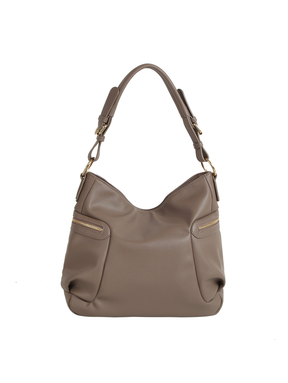 The HR Soft Slouch Zip Shoulder Bag is a taupe faux leather handbag with gold hardware, a short handle, two front zip pockets, an adjustable strap for versatile styling, and a minimal, elegant slouch design.