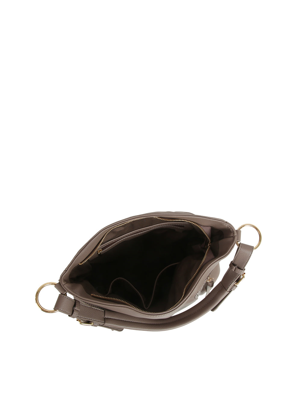Top view of the HR Soft Slouch Zip Shoulder Bag in taupe faux leather with gold hardware, slouch design, inner compartments, and zippered pockets shown against a white background.