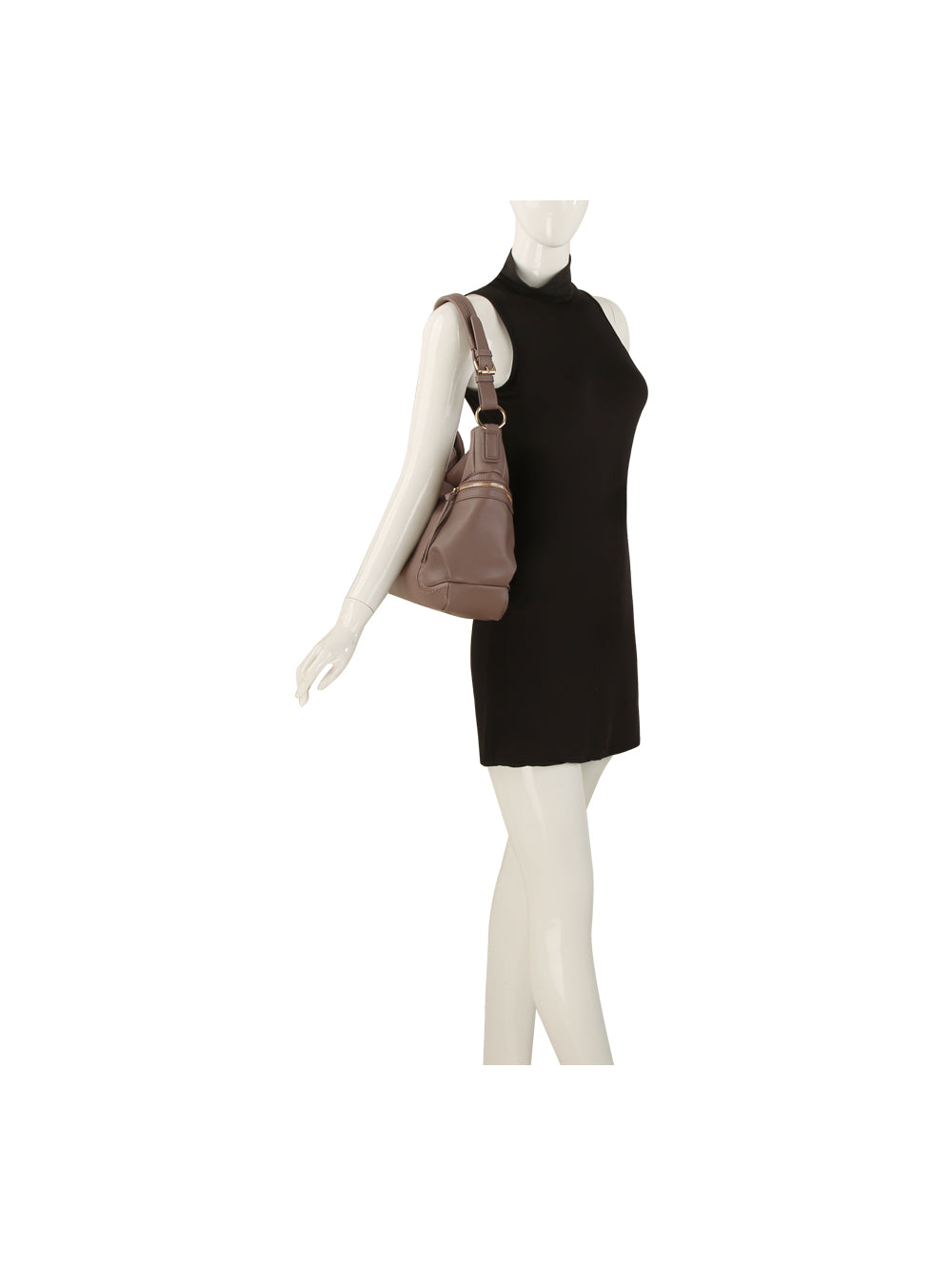 A mannequin in a sleeveless black dress carries the HR Soft Slouch Zip Shoulder Bag, a taupe faux leather style with an adjustable strap, on its left shoulder, against a plain white background.