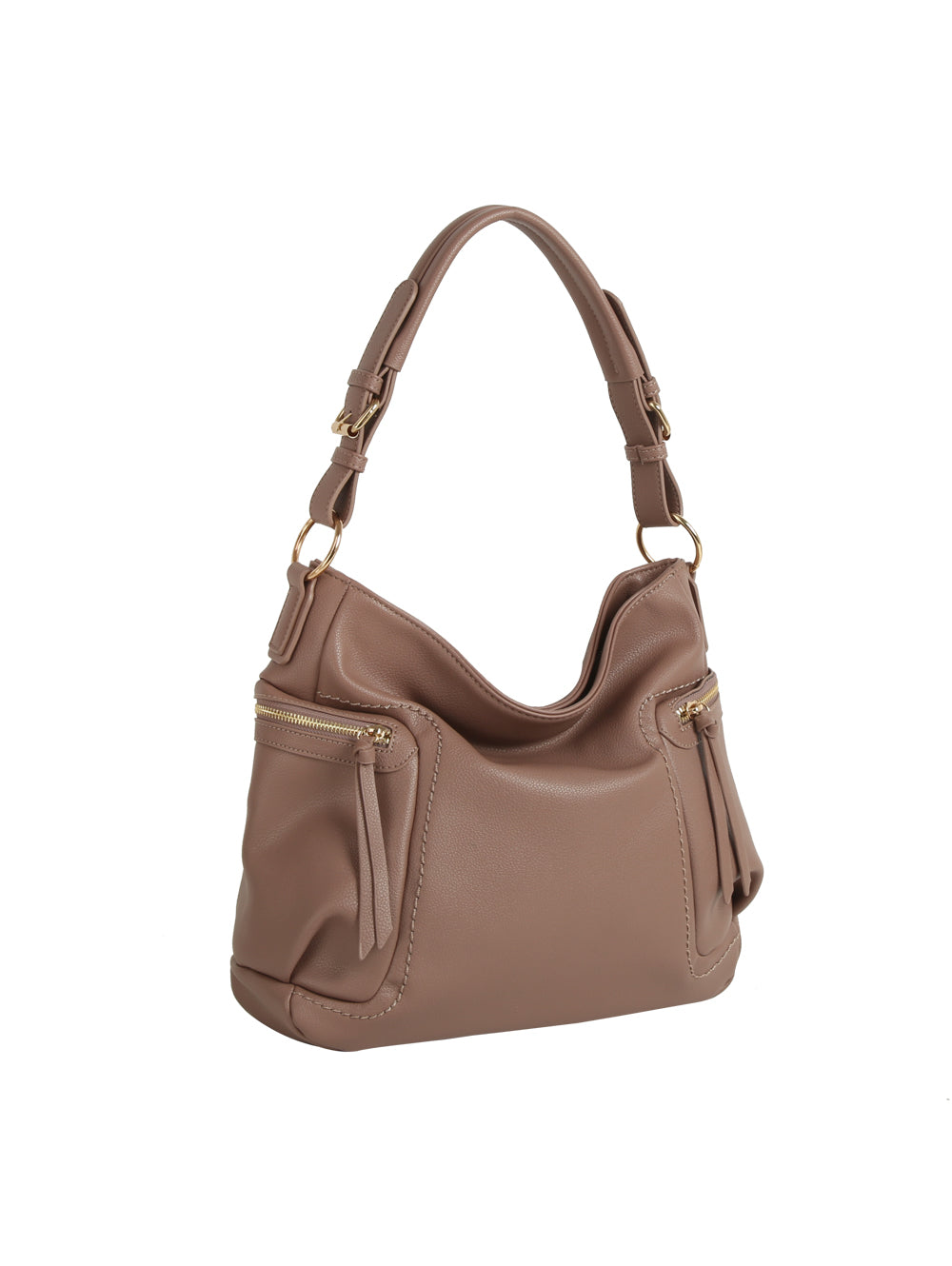 The HR Soft Slouch Zip Shoulder Bag features taupe faux leather, a slouch design, single shoulder strap, two front zippered pockets with tassel pulls, and gold-tone hardware, displayed on a white background.