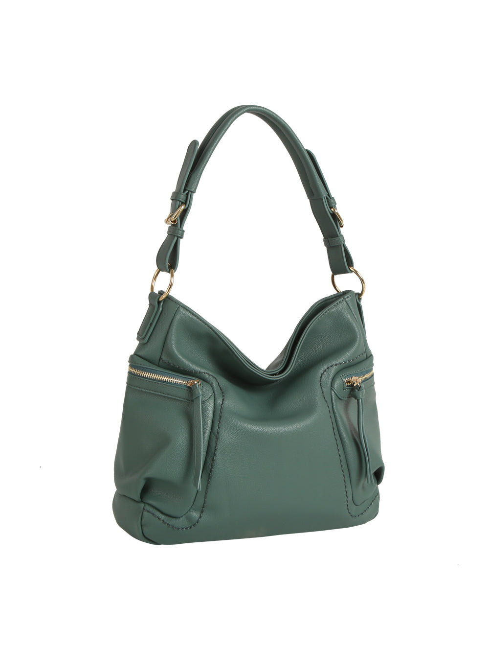 The HR Soft Slouch Zip Shoulder Bag is a green faux leather handbag with gold-tone hardware, two front zippered pockets, and an adjustable strap, shown against a white background.