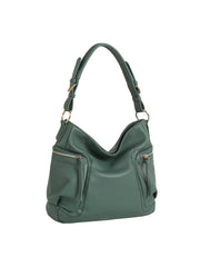 The HR Soft Slouch Zip Shoulder Bag is a green faux leather handbag with gold-tone hardware, two front zippered pockets, and an adjustable strap, shown against a white background.