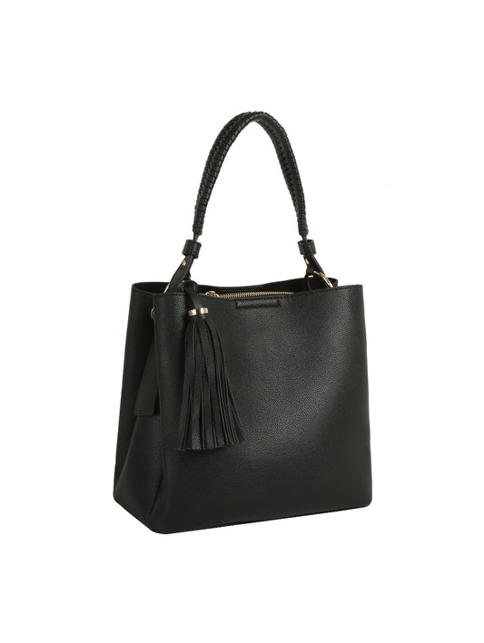 Braided Handle Tassel Pebbled Boxy Tote