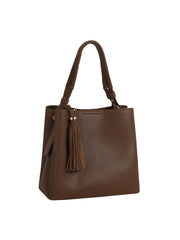 Braided Handle Tassel Pebbled Boxy Tote