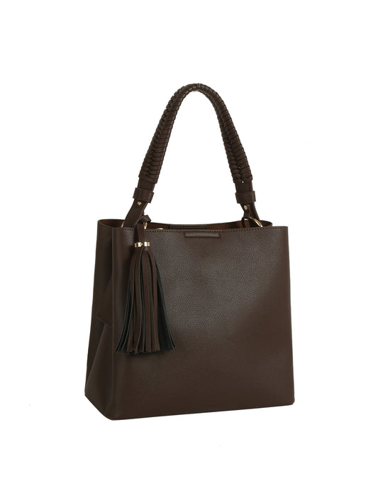 Braided Handle Tassel Pebbled Boxy Tote